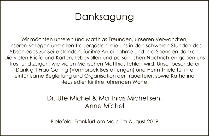  Traueranzeige für Matthias Michel vom 24.08.2019 aus Neue Westfälische