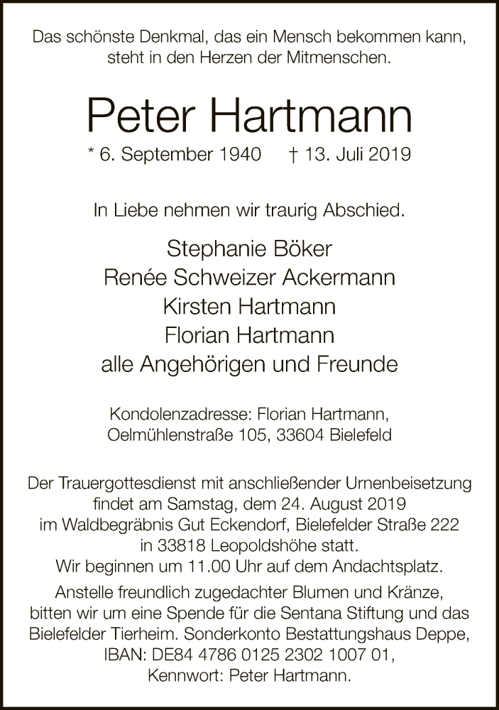  Traueranzeige für Peter Hartmann vom 03.08.2019 aus Neue Westfälische