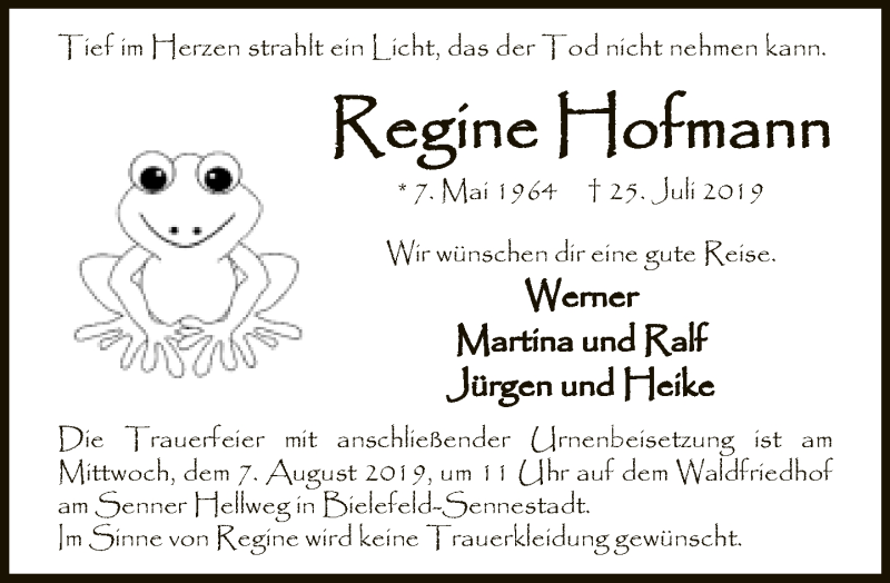  Traueranzeige für Regine Hofmann vom 03.08.2019 aus Neue Westfälische