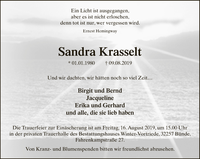  Traueranzeige für Sandra Krasselt vom 13.08.2019 aus Neue Westfälische
