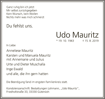 Traueranzeige von Udo Mauritz