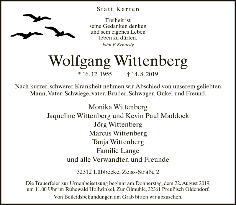  Traueranzeige für Wolfgang Wittenberg vom 17.08.2019 aus Neue Westfälische