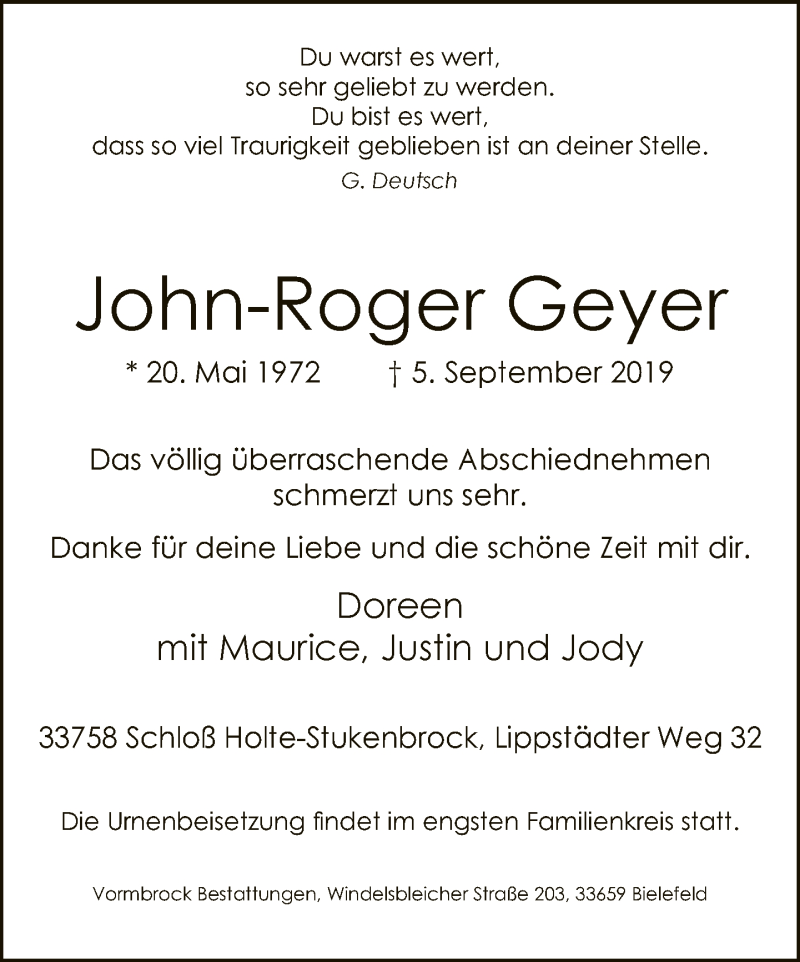  Traueranzeige für John-Roger Geyer vom 11.09.2019 aus Neue Westfälische