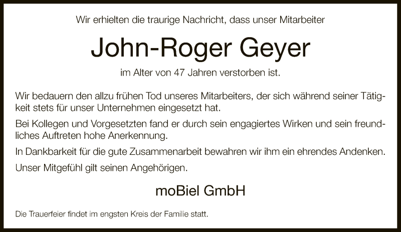  Traueranzeige für John-Roger Geyer vom 13.09.2019 aus Neue Westfälische