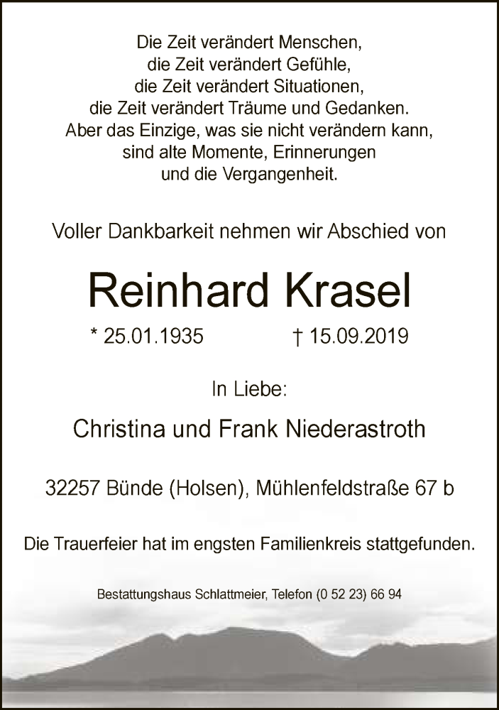  Traueranzeige für Reinhard Krasel vom 21.09.2019 aus Neue Westfälische