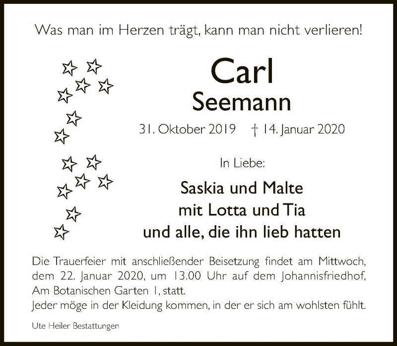  Traueranzeige für Carl Seemann vom 18.01.2020 aus Neue Westfälische