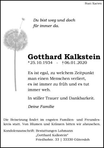 Traueranzeige von Gotthard Kalkstein