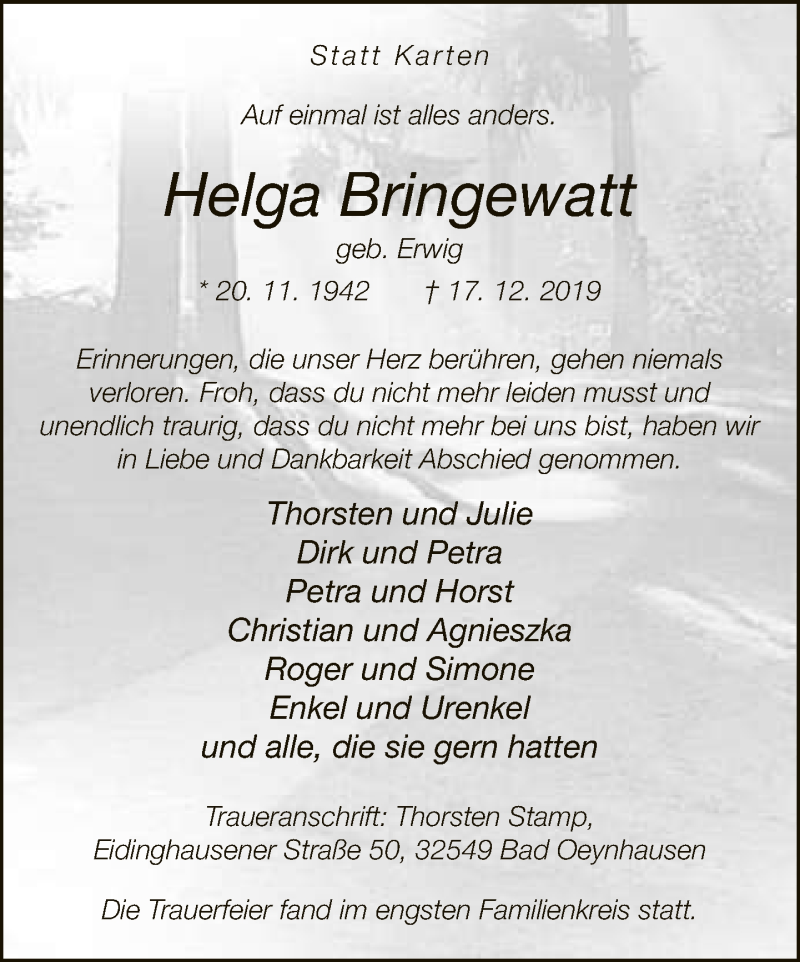  Traueranzeige für Helga Bringewatt vom 09.01.2020 aus Neue Westfälische