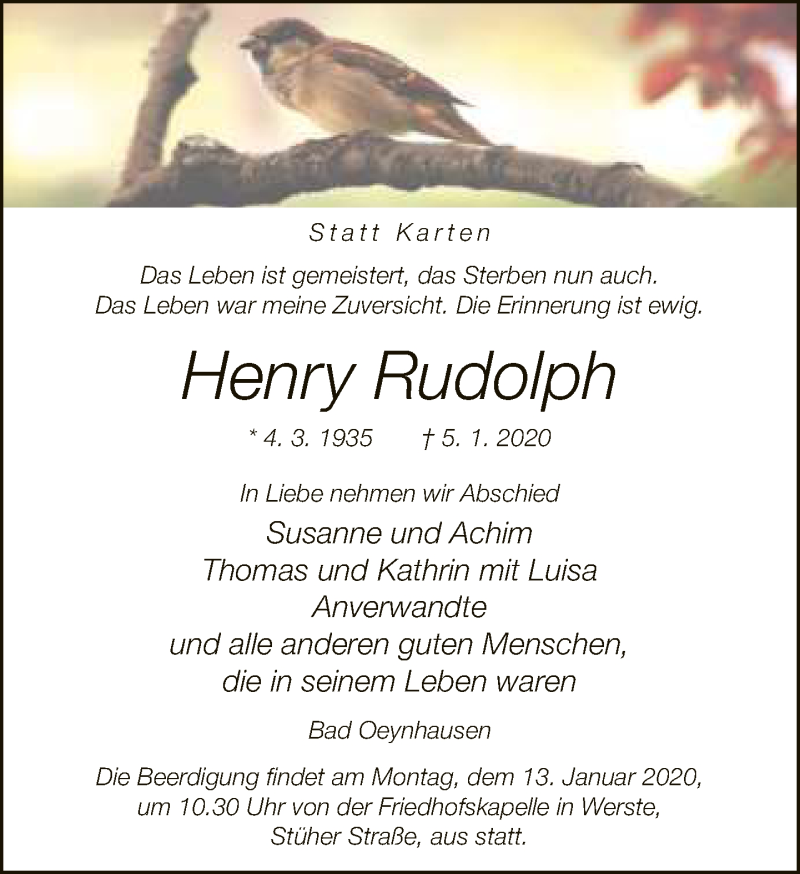  Traueranzeige für Henry Rudolph vom 09.01.2020 aus Neue Westfälische