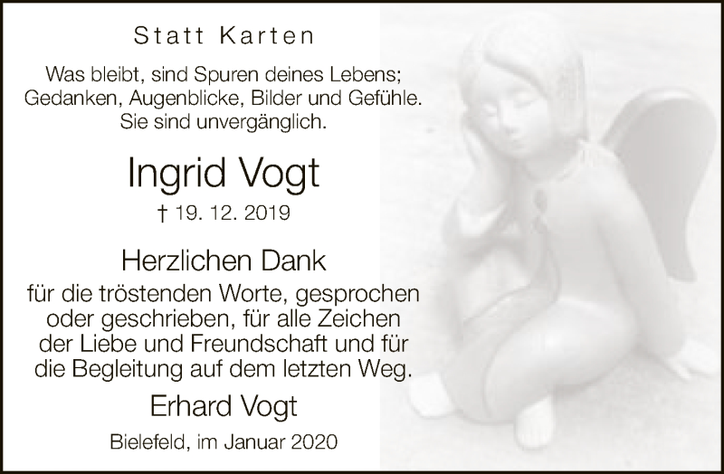  Traueranzeige für Ingrid Vogt vom 25.01.2020 aus Neue Westfälische