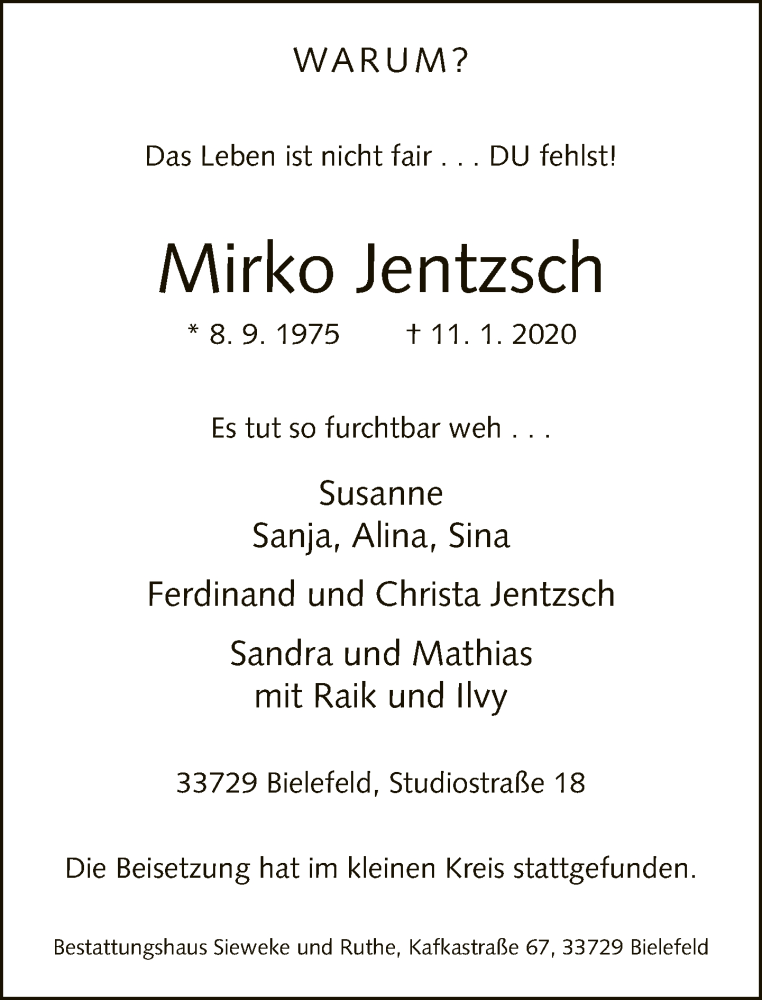  Traueranzeige für Mirko Jentzsch vom 25.01.2020 aus Neue Westfälische