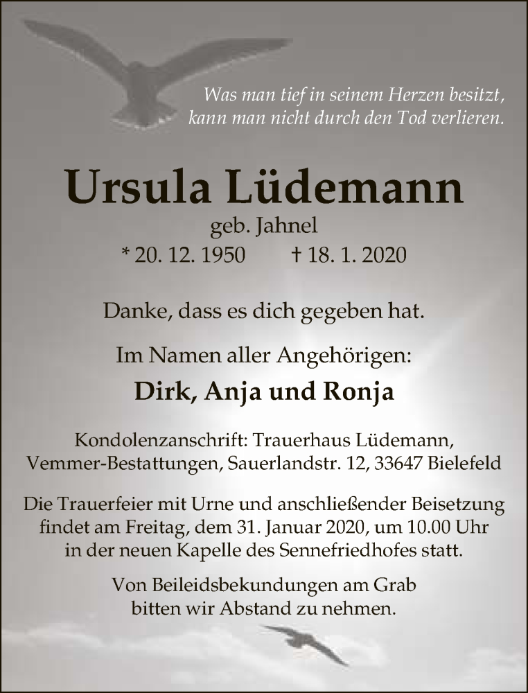  Traueranzeige für Ursula Lüdemann vom 25.01.2020 aus Neue Westfälische
