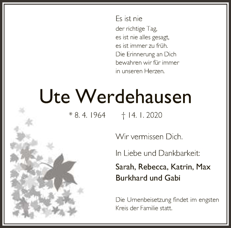  Traueranzeige für Ute Werdehausen vom 18.01.2020 aus Neue Westfälische