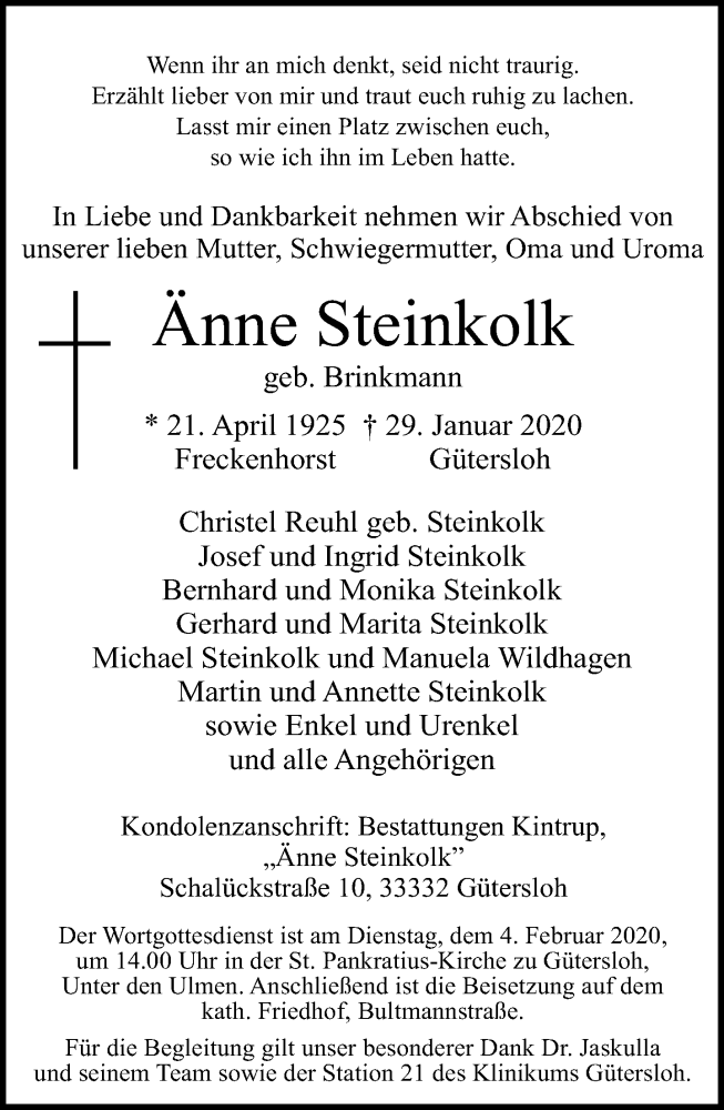  Traueranzeige für Änne Steinkolk vom 31.01.2020 aus Neue Westfälische