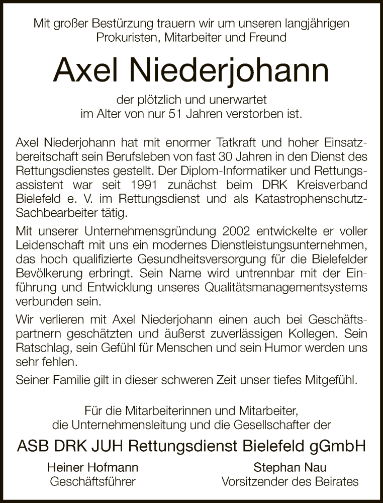  Traueranzeige für Axel Niederjohann vom 17.10.2020 aus Neue Westfälische