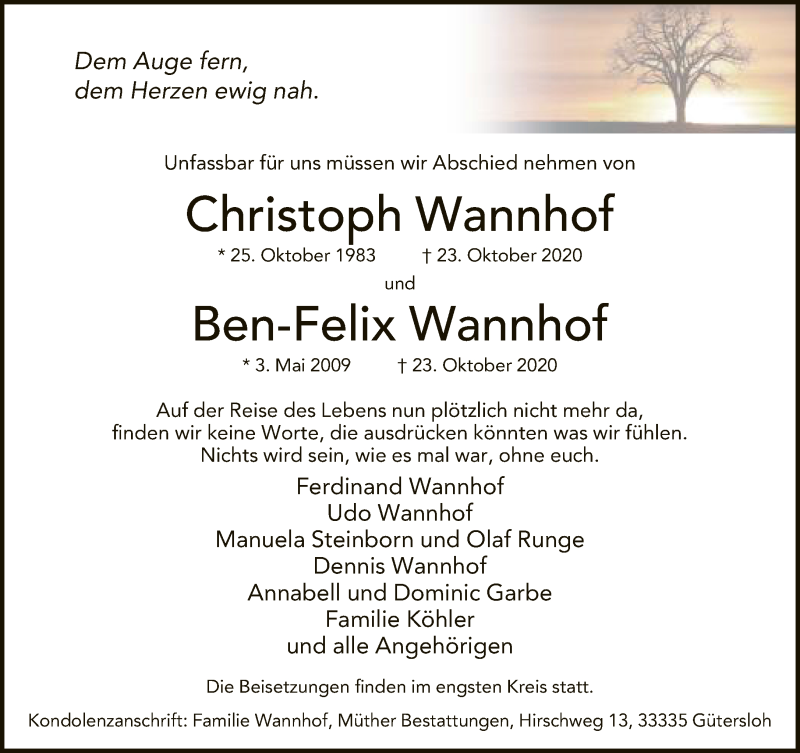  Traueranzeige für Christoph und Ben-Felix Wannhof vom 28.10.2020 aus Neue Westfälische