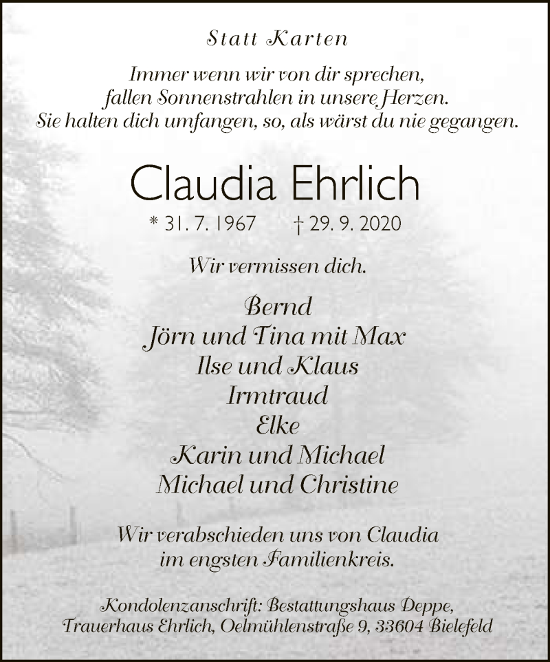  Traueranzeige für Claudia Ehrlich vom 03.10.2020 aus Neue Westfälische