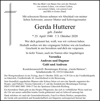 Traueranzeige von Gerda Hutterer