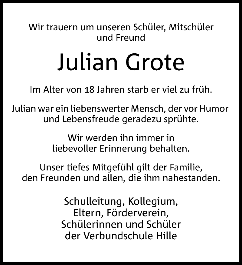  Traueranzeige für Julian Grote vom 29.10.2020 aus Neue Westfälische