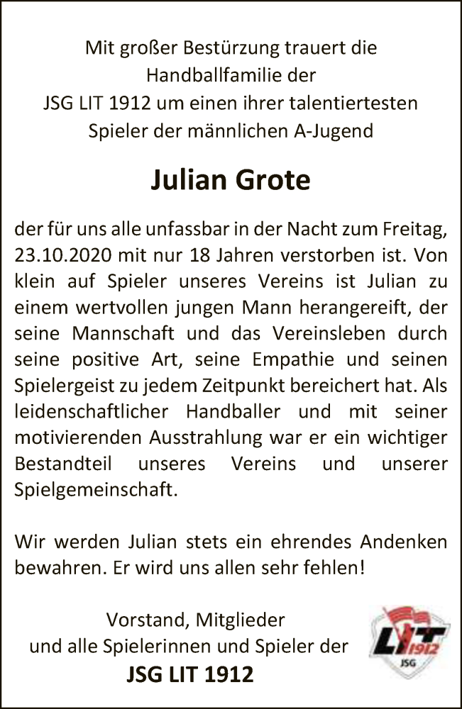  Traueranzeige für Julian Grote vom 27.10.2020 aus Neue Westfälische