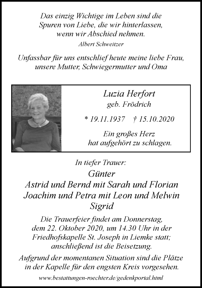  Traueranzeige für Luzia Herfort vom 17.10.2020 aus Neue Westfälische