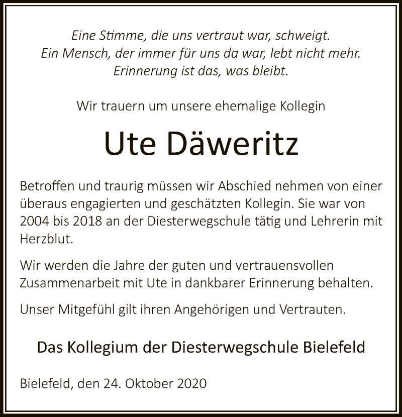  Traueranzeige für Ute Däweritz vom 24.10.2020 aus Neue Westfälische