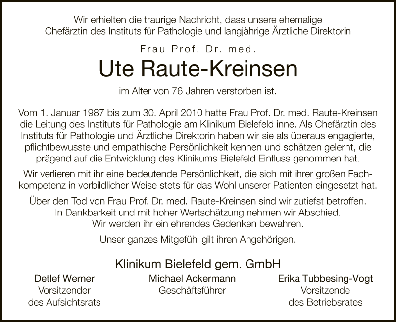  Traueranzeige für Ute Raute-Kreinsen vom 24.10.2020 aus Neue Westfälische