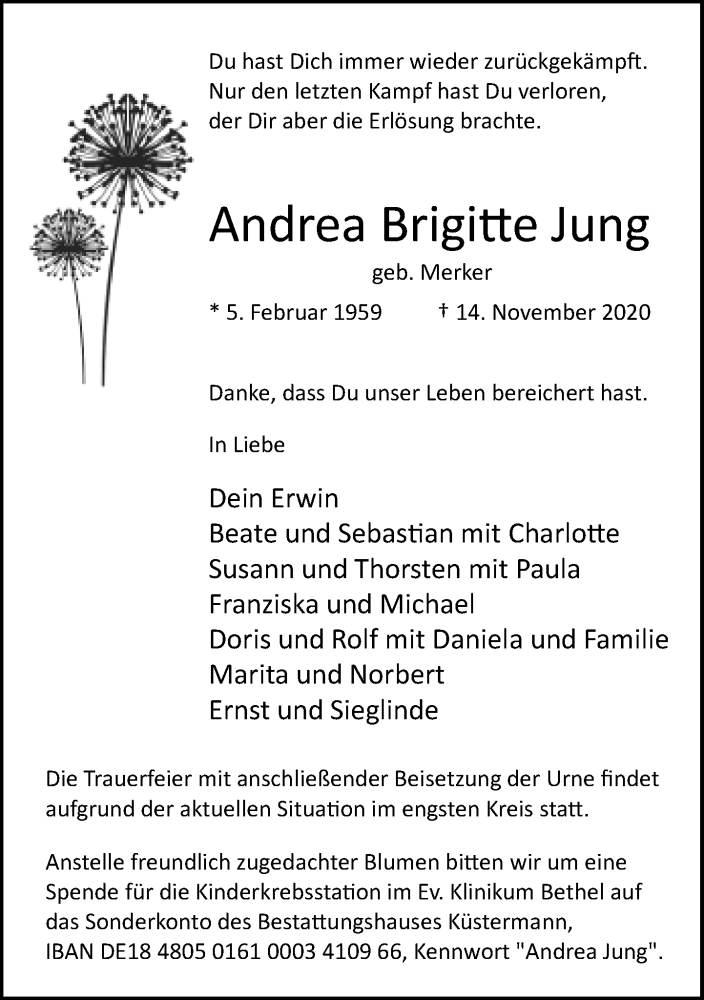  Traueranzeige für Andrea Brigitte Jung vom 21.11.2020 aus Neue Westfälische