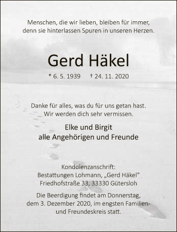 Traueranzeige von Gerd Häkel