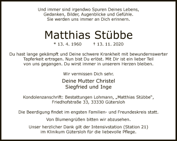 Traueranzeige von Matthias Stübbe