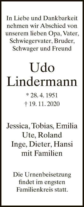 Traueranzeige von Udo Lindermann
