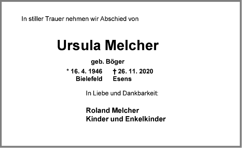  Traueranzeige für Ursula Melcher vom 28.11.2020 aus Neue Westfälische