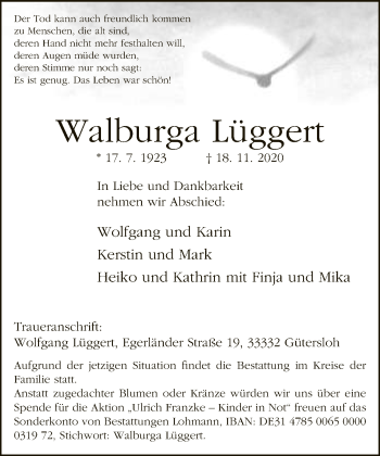 Traueranzeige von Walburga Lüggert