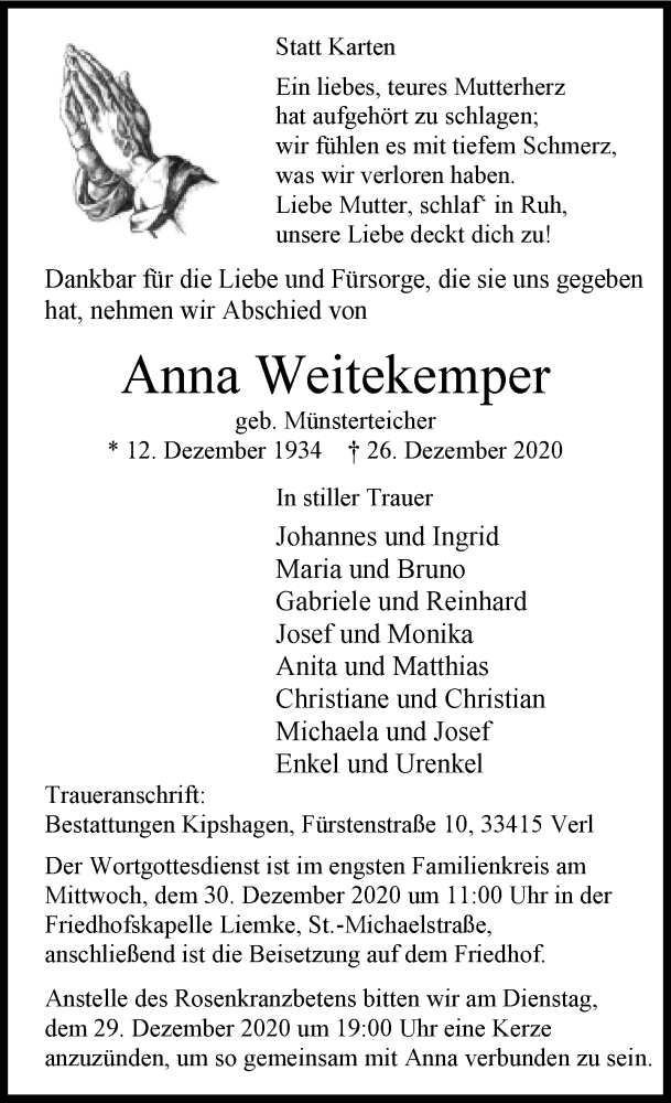  Traueranzeige für Anna Weitekemper vom 29.12.2020 aus Neue Westfälische