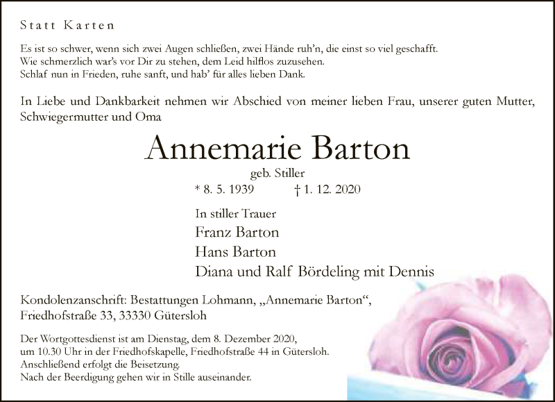  Traueranzeige für Annemarie Barton vom 05.12.2020 aus Neue Westfälische