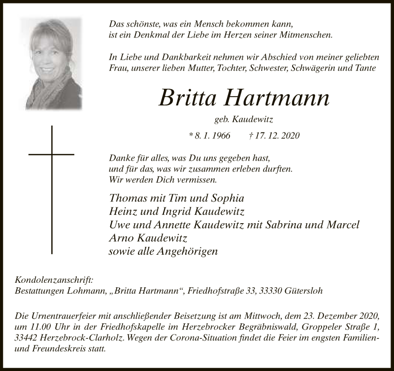  Traueranzeige für Britta Hartmann vom 19.12.2020 aus Neue Westfälische