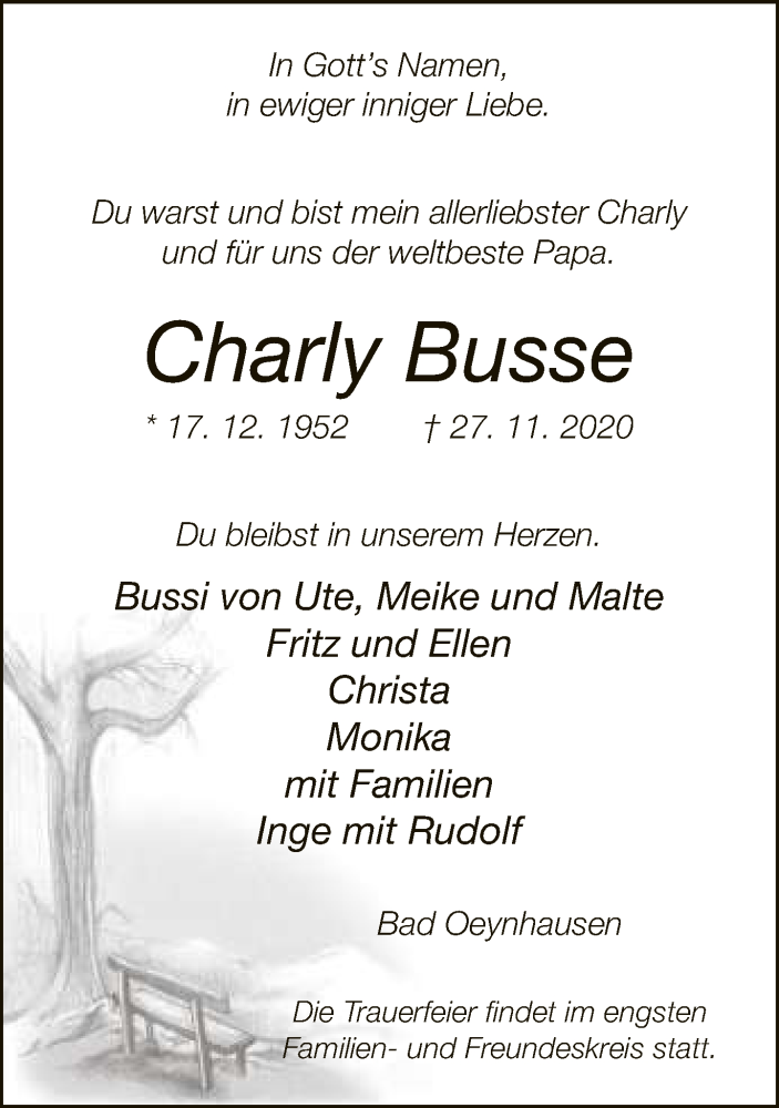  Traueranzeige für Charly Busse vom 02.12.2020 aus Neue Westfälische