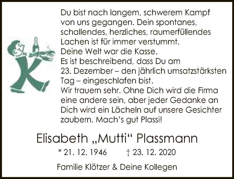  Traueranzeige für Elisabeth Plassmann vom 31.12.2020 aus Neue Westfälische