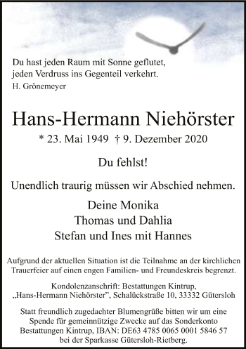 Traueranzeige von Hans-Hermann Niehörster