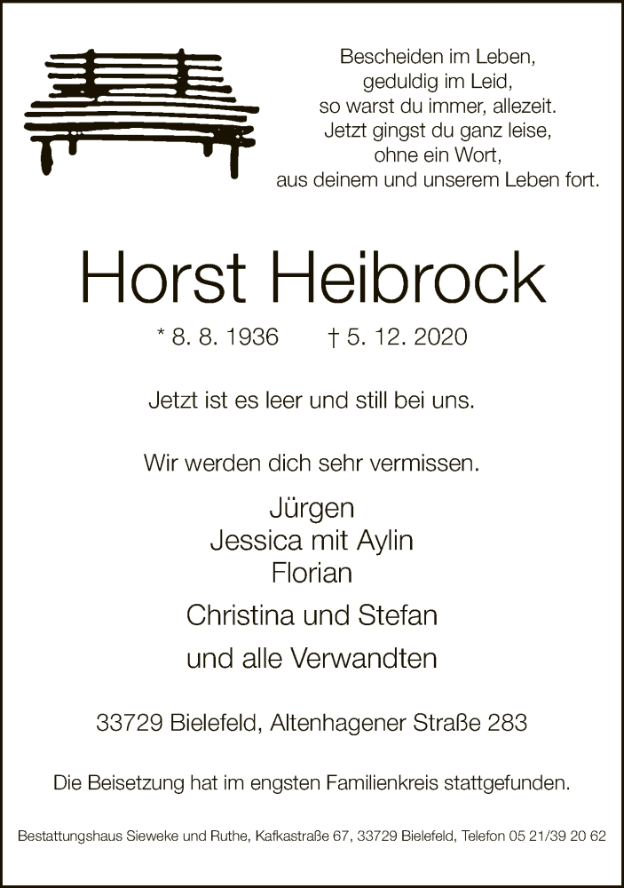  Traueranzeige für Horst Heibrock vom 19.12.2020 aus Neue Westfälische
