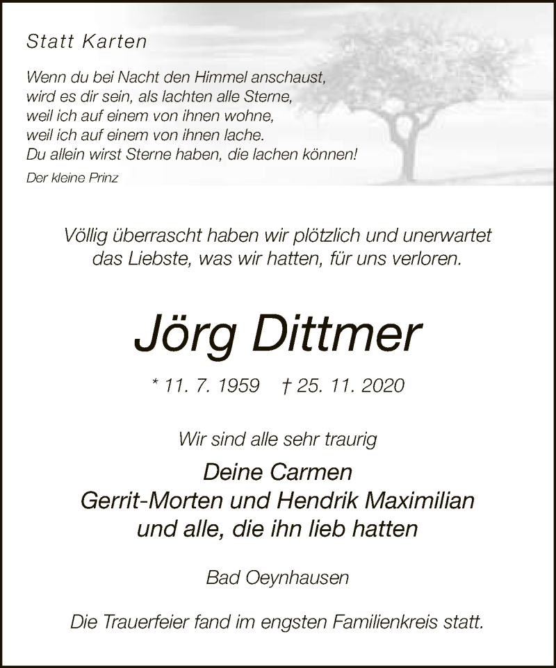  Traueranzeige für Jörg Dittmer vom 12.12.2020 aus Neue Westfälische