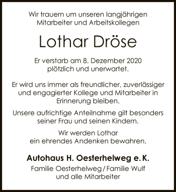Traueranzeige von Lothar Dröse