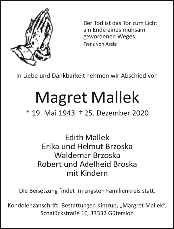 Traueranzeige von Magret Mallek