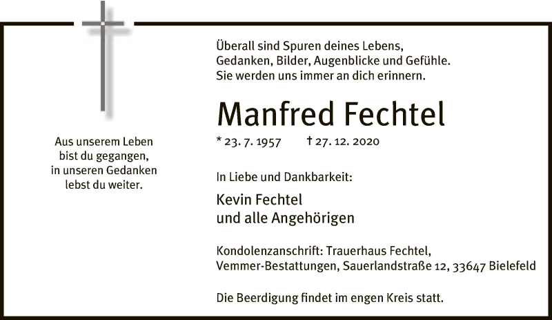  Traueranzeige für Manfred Fechtel vom 31.12.2020 aus Neue Westfälische