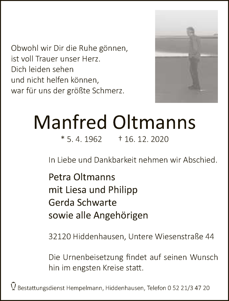 Traueranzeige für Manfred Oltmanns vom 19.12.2020 aus Neue Westfälische