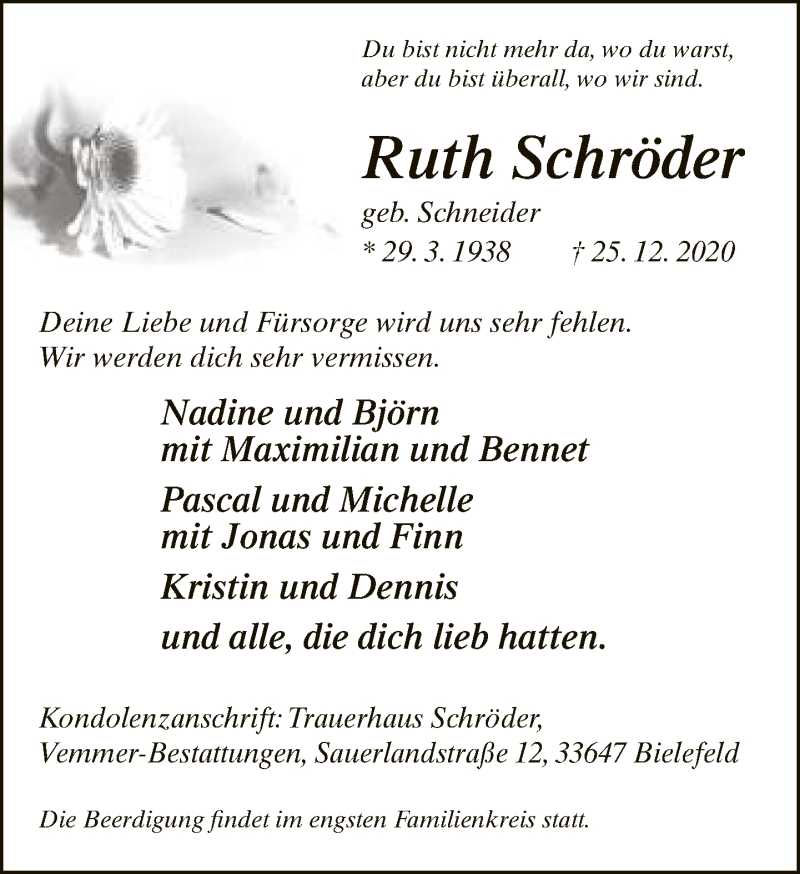  Traueranzeige für Ruth Schröder vom 31.12.2020 aus Neue Westfälische