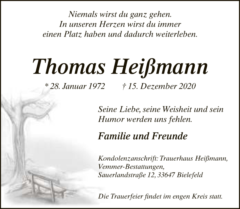  Traueranzeige für Thomas Heißmann vom 24.12.2020 aus Neue Westfälische