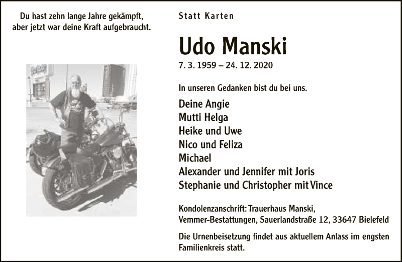  Traueranzeige für Udo Manski vom 31.12.2020 aus Neue Westfälische