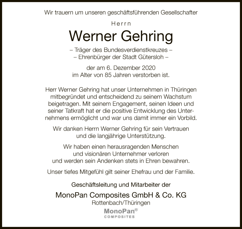  Traueranzeige für Werner Gehring vom 11.12.2020 aus Neue Westfälische