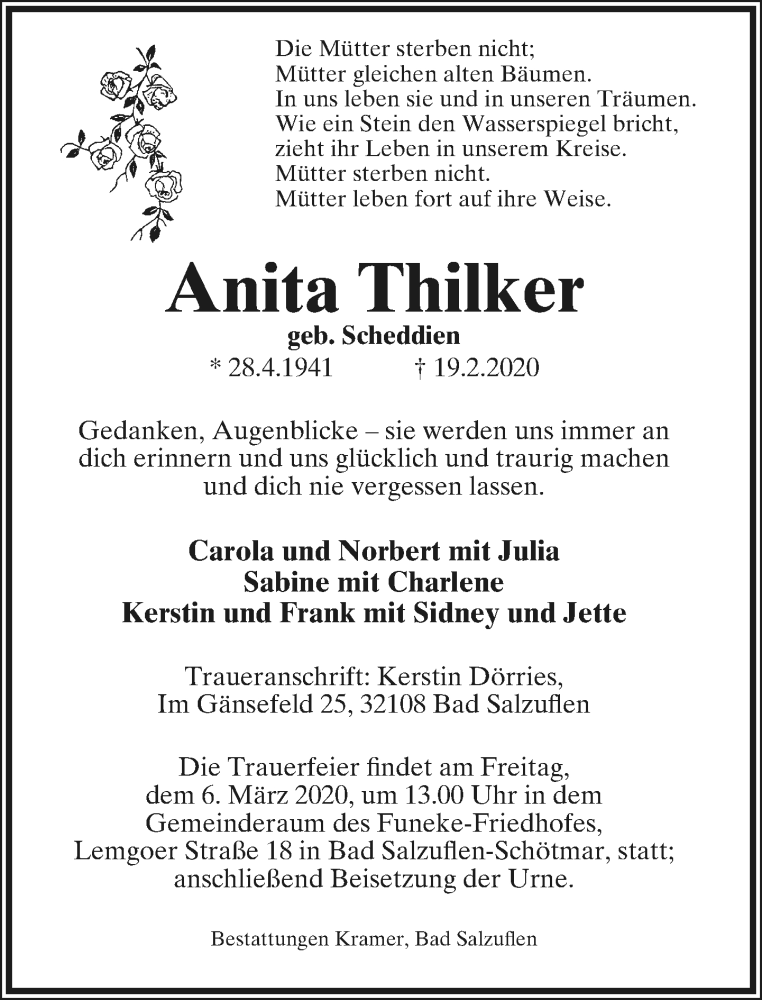  Traueranzeige für Anita Thilker vom 22.02.2020 aus Neue Westfälische